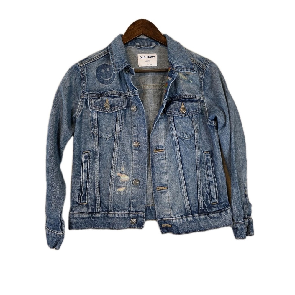 Old Navy Jacket Youth Large 10-12 Blue Denim Jean Distressed Trucker Smiley